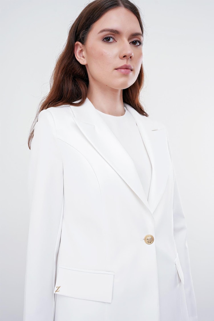Kruvaze Yaka Tek Düğmeli Ekru Blazer Ceket C-0070