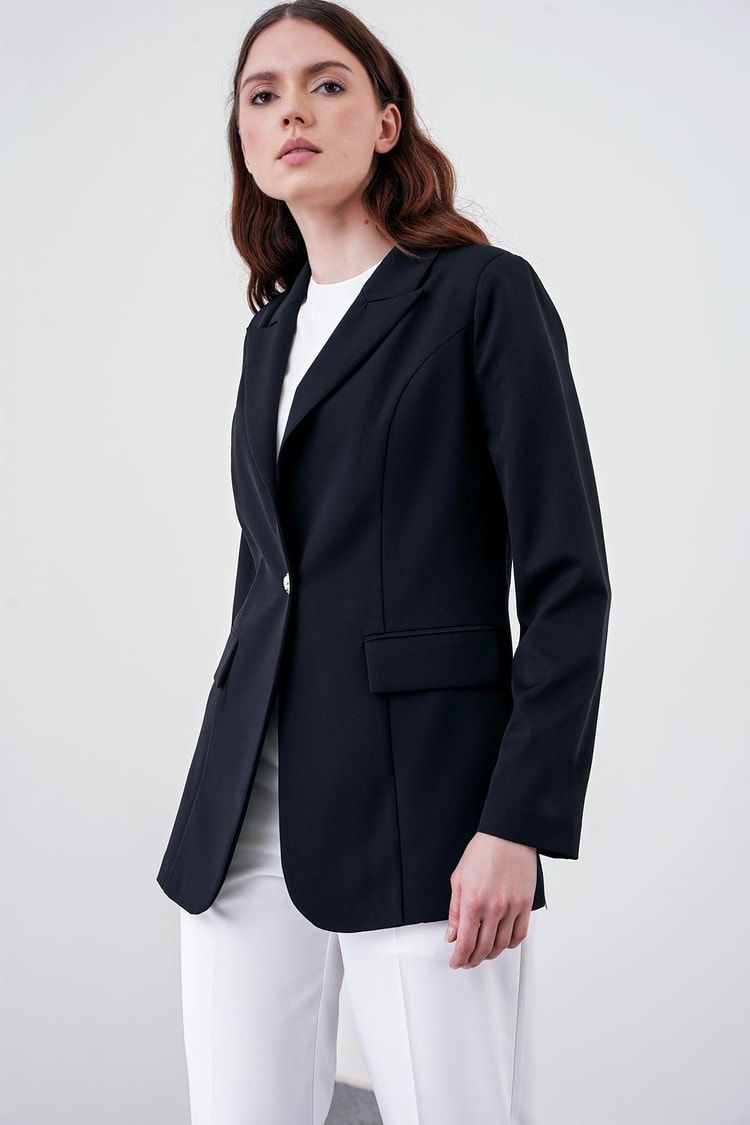 Kruvaze Yaka Tek Düğmeli Siyah Blazer Ceket C-0070