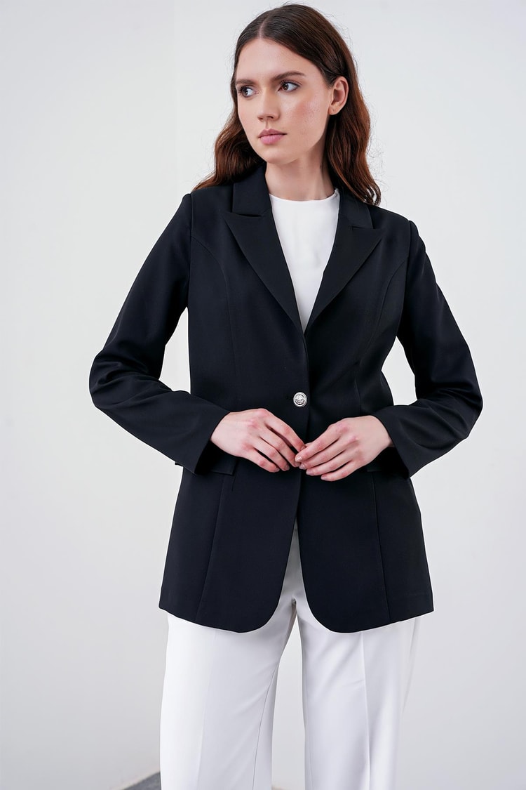 Kruvaze Yaka Tek Düğmeli Siyah Blazer Ceket C-0070