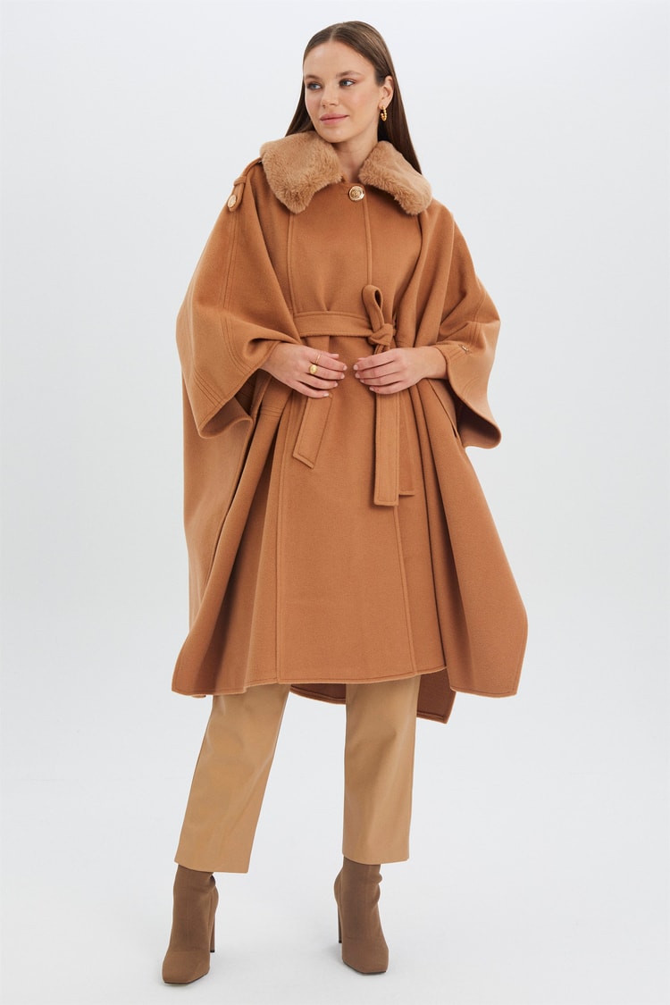 Kürk Yaka Bel Kuşaklı Camel Kaşe Panço PNC-0004