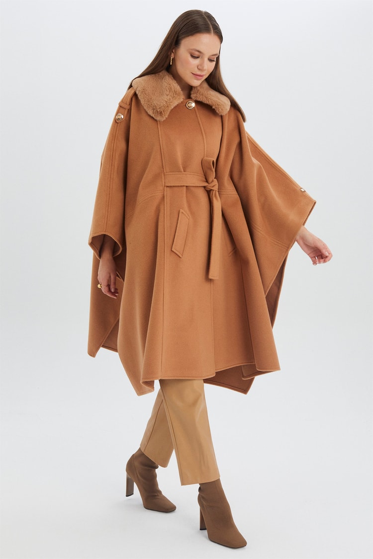 Kürk Yaka Bel Kuşaklı Camel Kaşe Panço PNC-0004