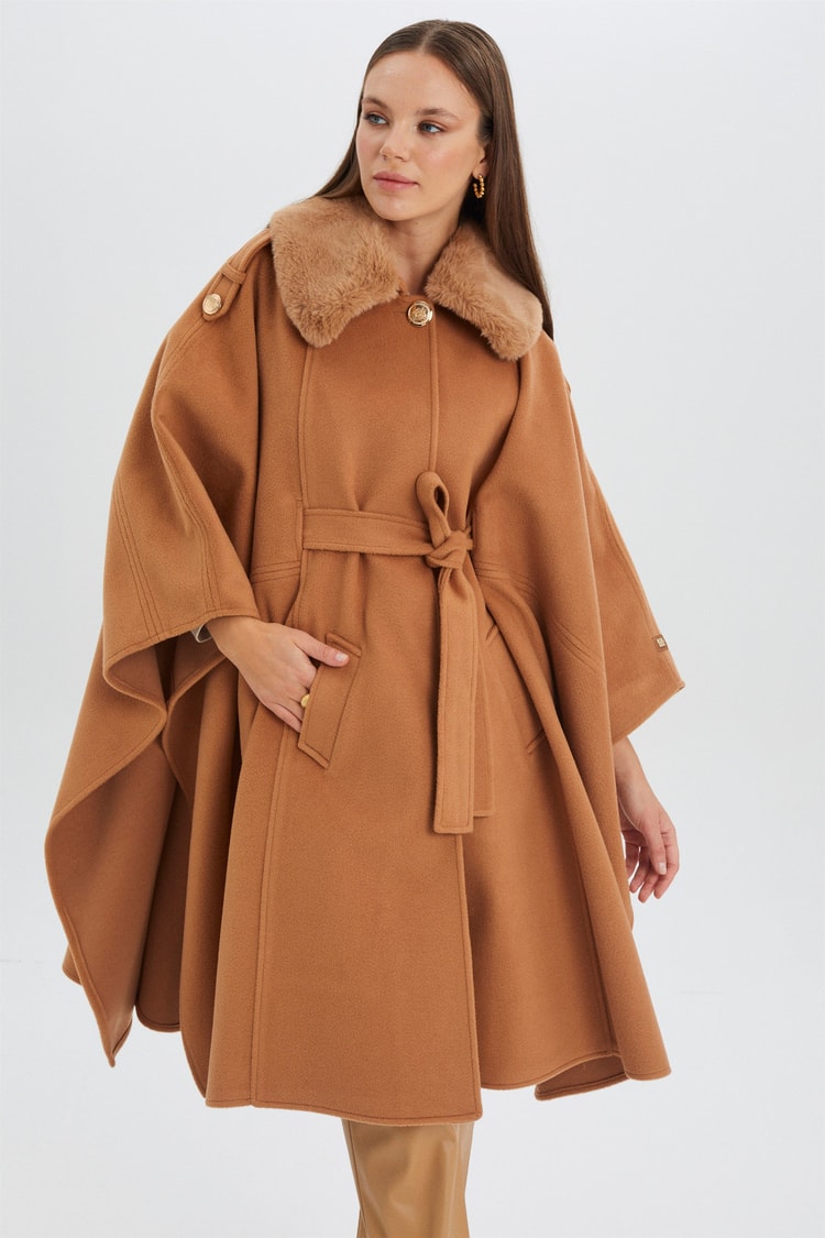Kürk Yaka Bel Kuşaklı Camel Kaşe Panço PNC-0004