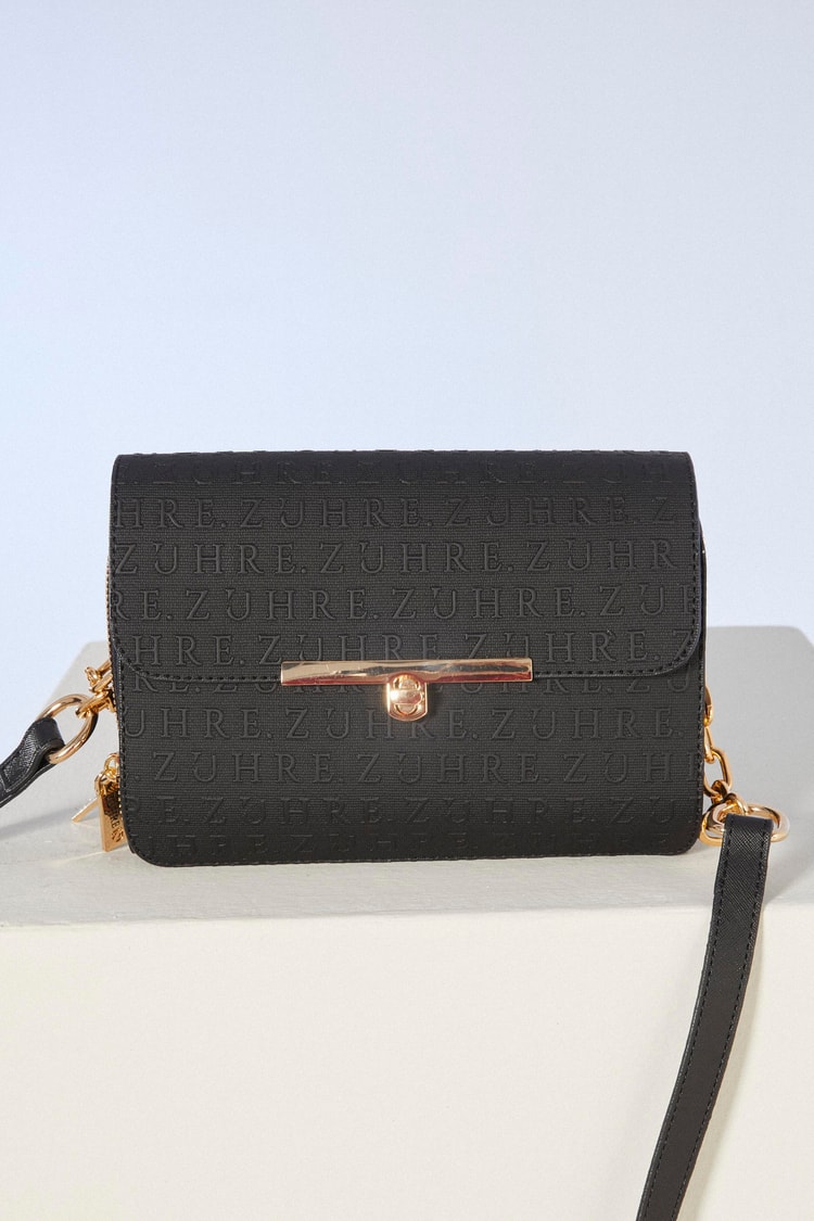 Monogram Desenli Kilit Kapamalı Siyah Çanta ZH0038