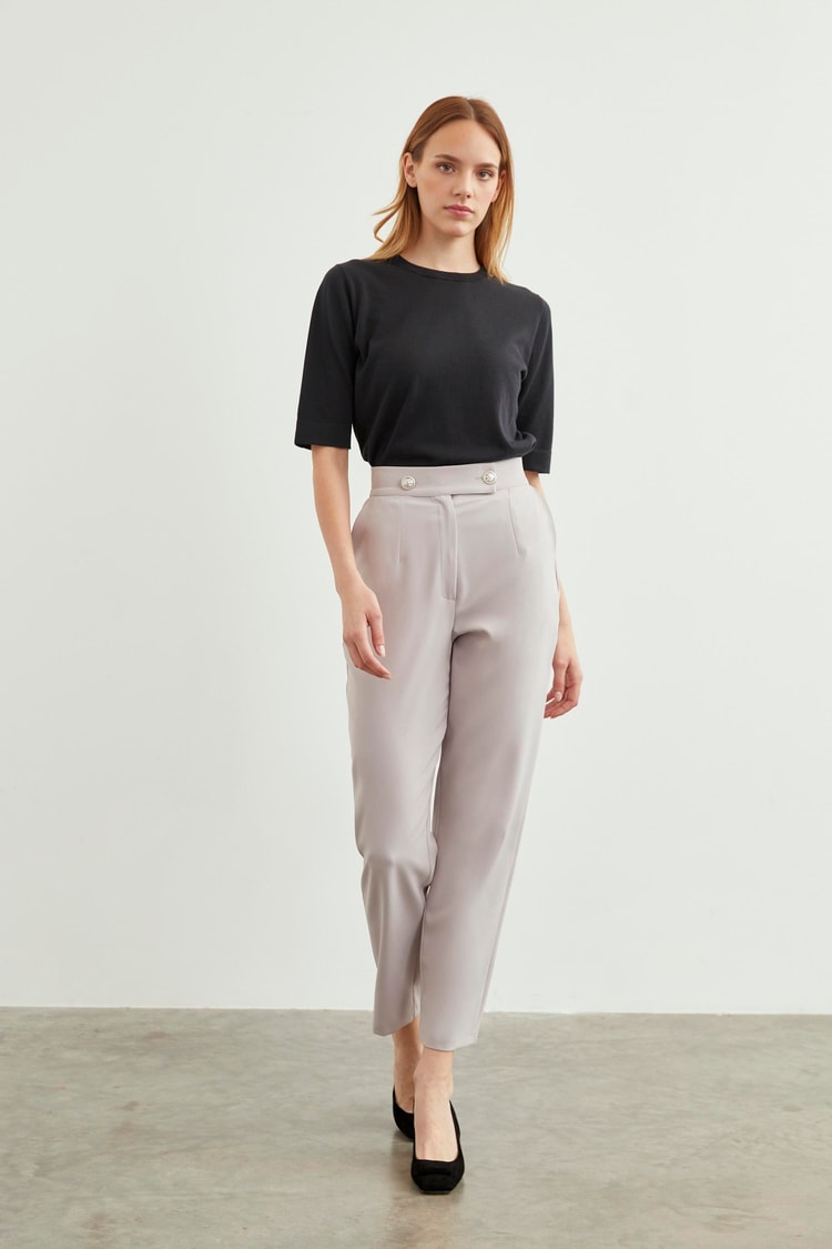 Yüksek Bel Dar Paça Gri Kumaş Pantolon P-0159
