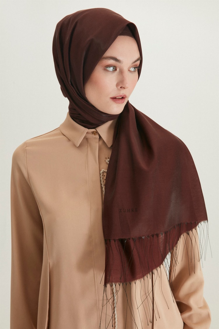 Püskül Detaylı Kahve Şal 0105