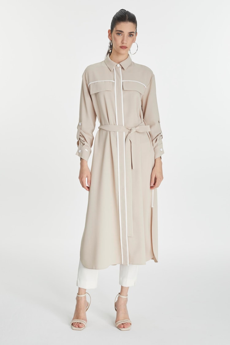 Beige/Ecru Shirt Dress with Color Block Detail GÇ-0261