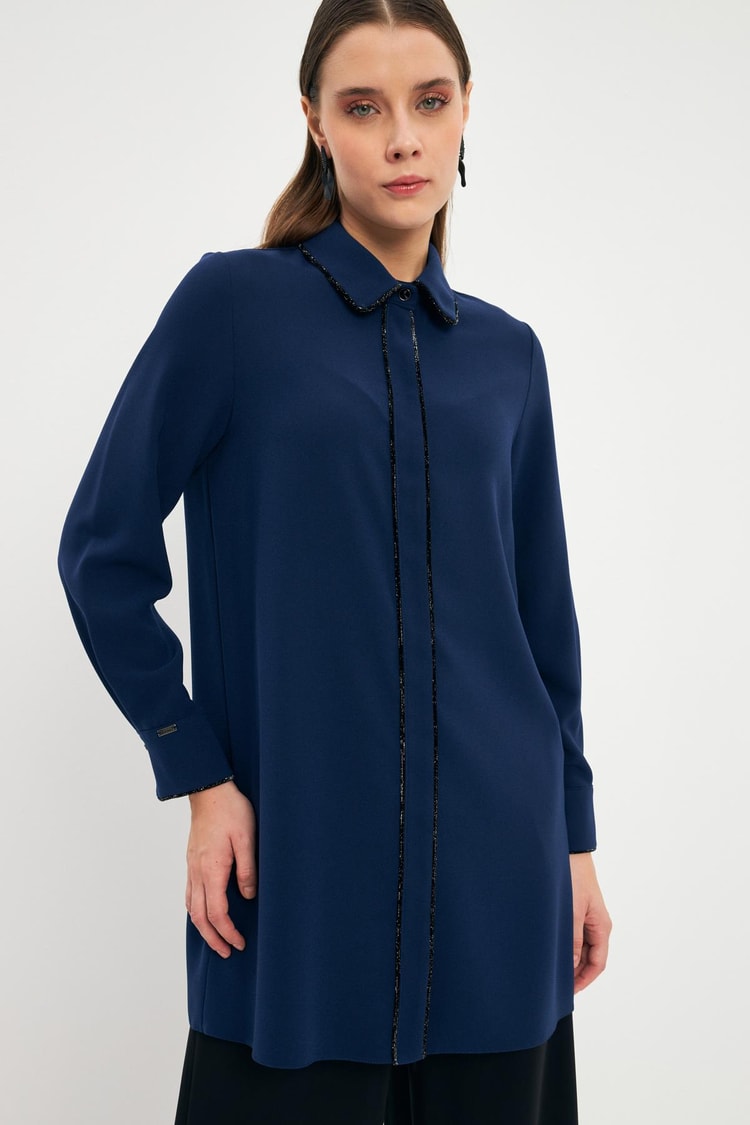 Şerit Detaylı Lacivert Tunik T-1498