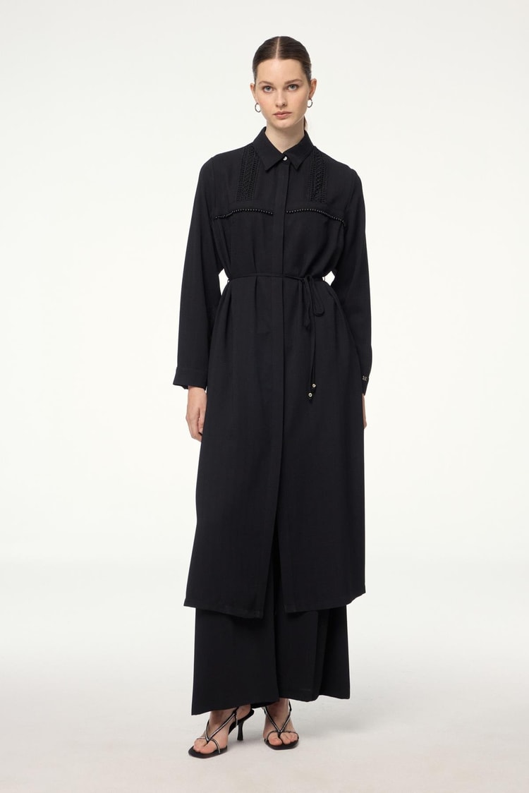 Black Throw-On with Stripe Embroidery and Bead Details GÇ-0267