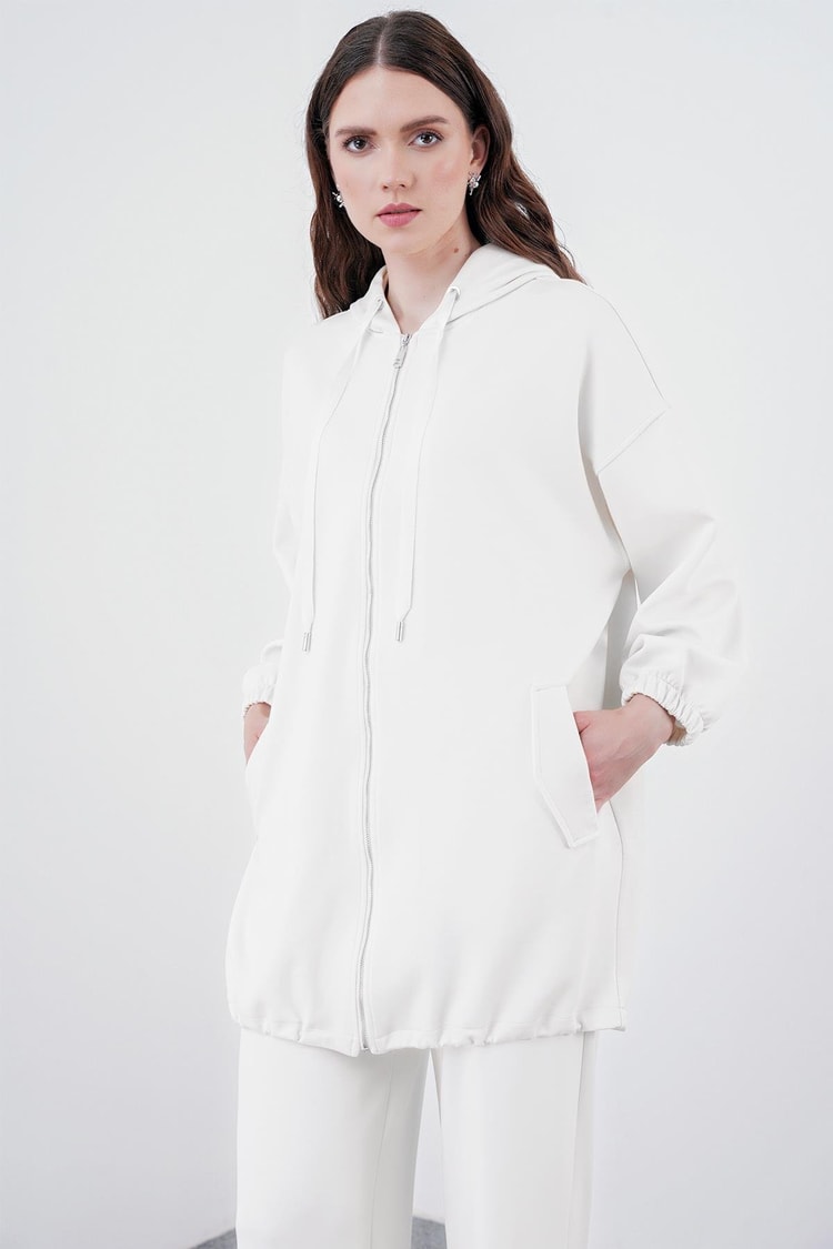 Comfort Fermuarlı Kapüşonlu Beyaz Sweatshirt C-0092