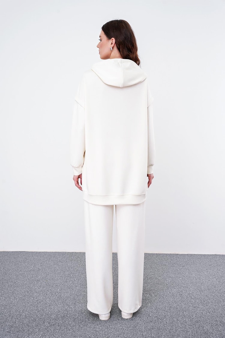 Sportif Kapüşonlu Ekru Sweatshirt T-1472