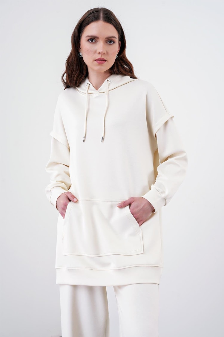 Comfort Kapüşonlu Ekru Sweatshirt T-1472