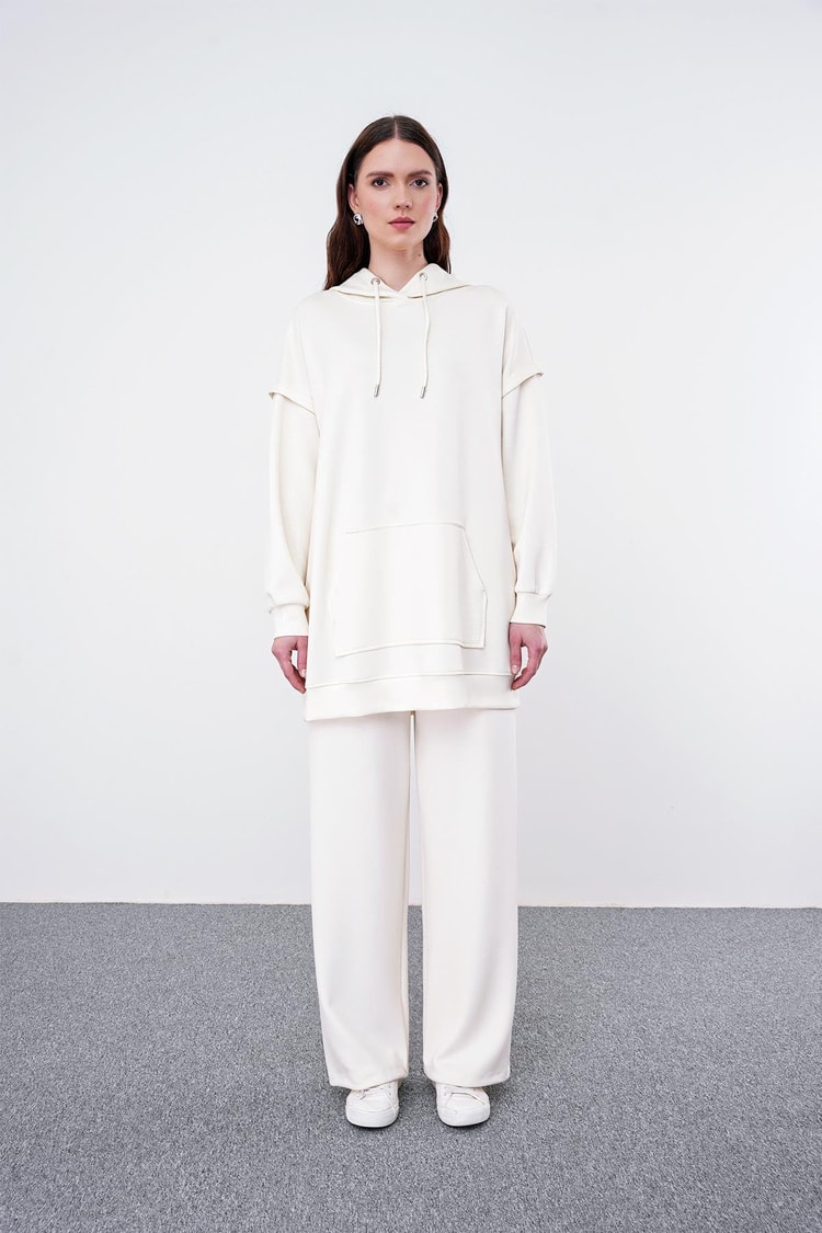Sportif Kapüşonlu Ekru Sweatshirt T-1472