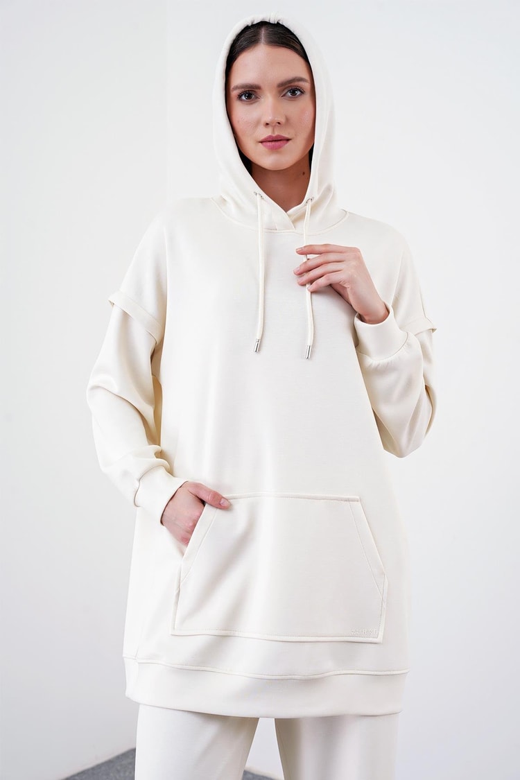 Sportif Kapüşonlu Ekru Sweatshirt T-1472