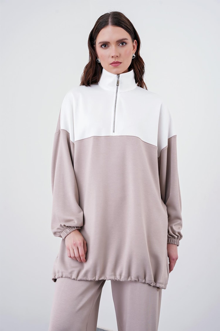 Sportif Renk Bloklu Bej/Beyaz Sweatshirt T-1467
