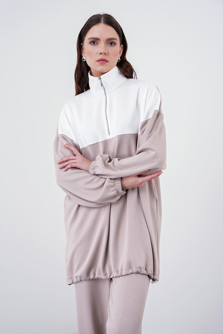 Sportif Renk Bloklu Bej/Beyaz Sweatshirt T-1467