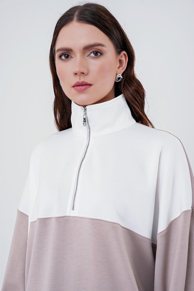 Sportif Renk Bloklu Bej/Beyaz Sweatshirt T-1467