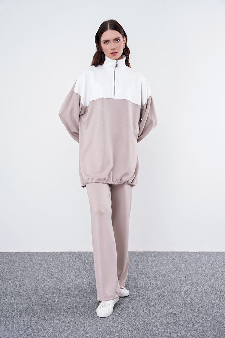 Sportif Renk Bloklu Bej/Beyaz Sweatshirt T-1467