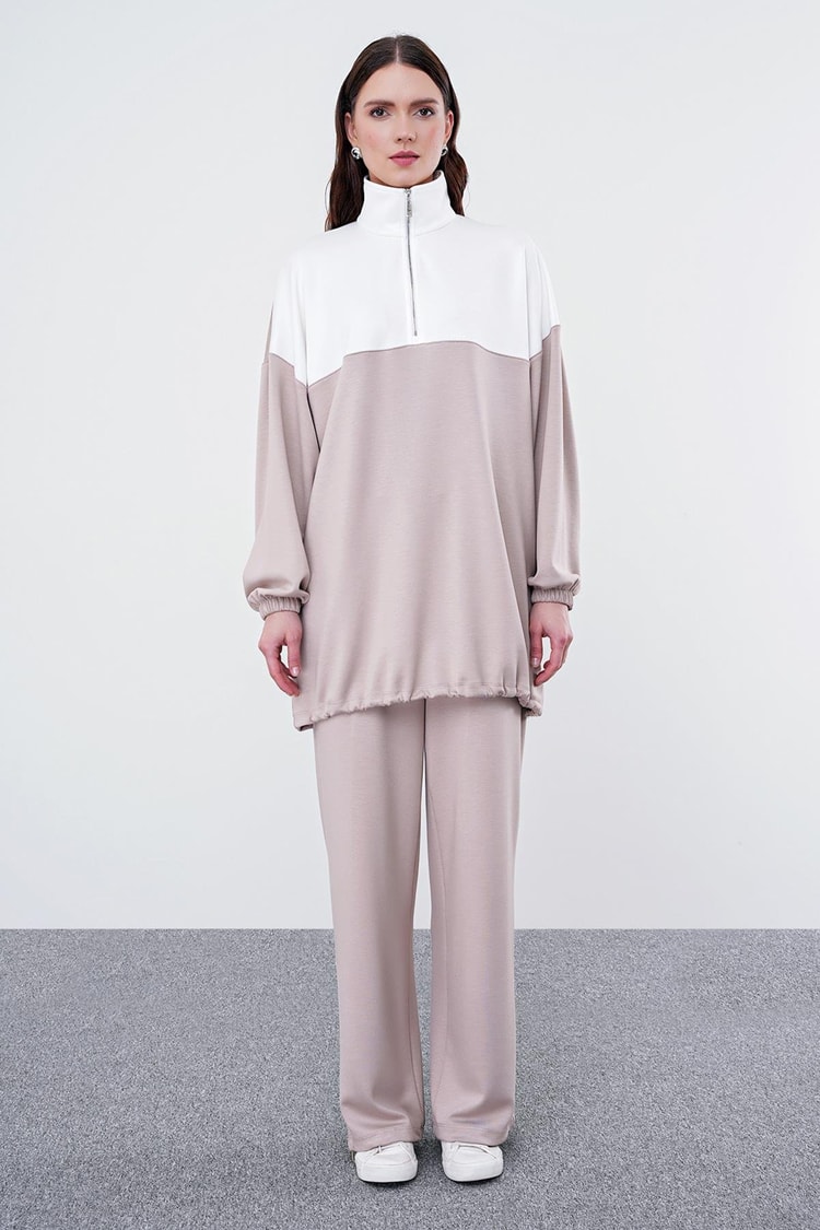 Sportif Renk Bloklu Bej/Beyaz Sweatshirt T-1467
