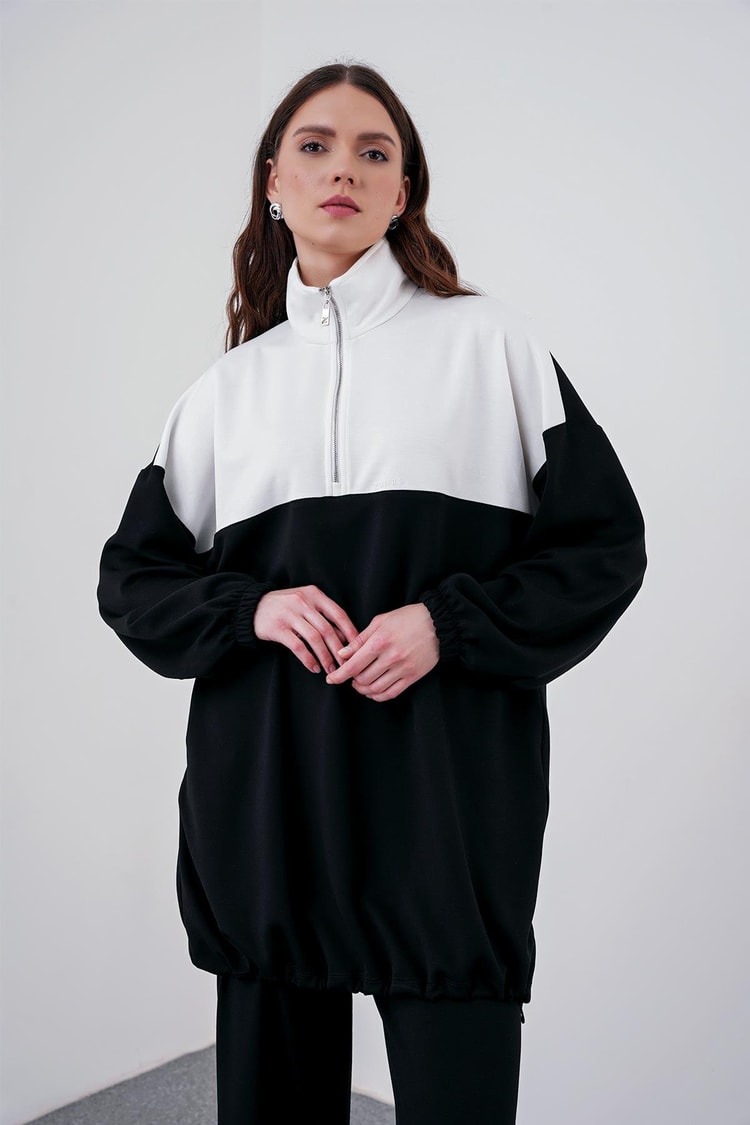 Sportif Renk Bloklu Siyah/Beyaz Sweatshirt T-1467
