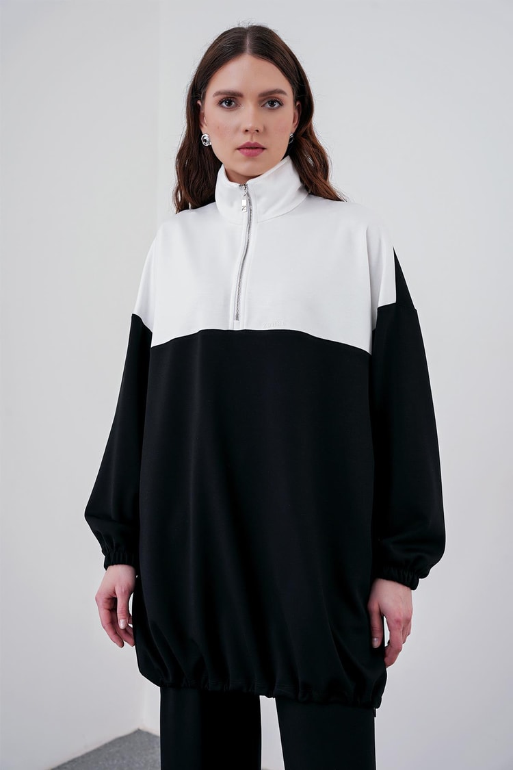 Sportif Renk Bloklu Siyah/Beyaz Sweatshirt T-1467