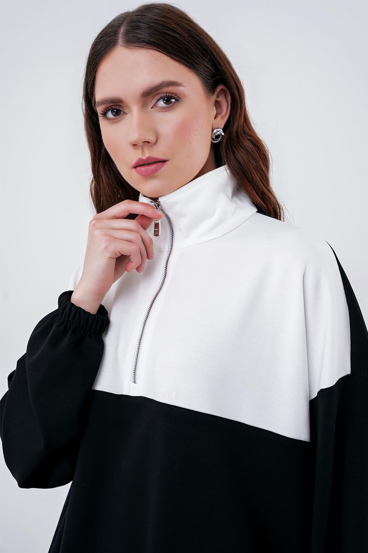 Sportif Renk Bloklu Siyah/Beyaz Sweatshirt T-1467