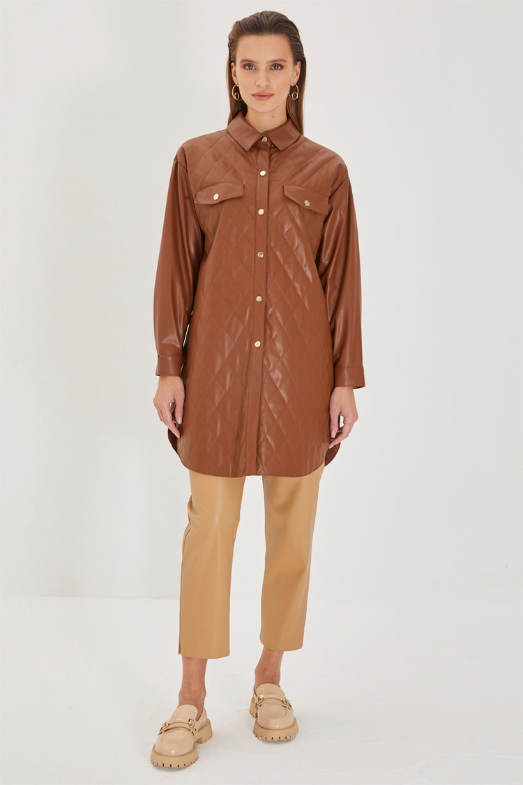 ZÜHRE Kapitone Desenli Deri Camel Tunik T-1156