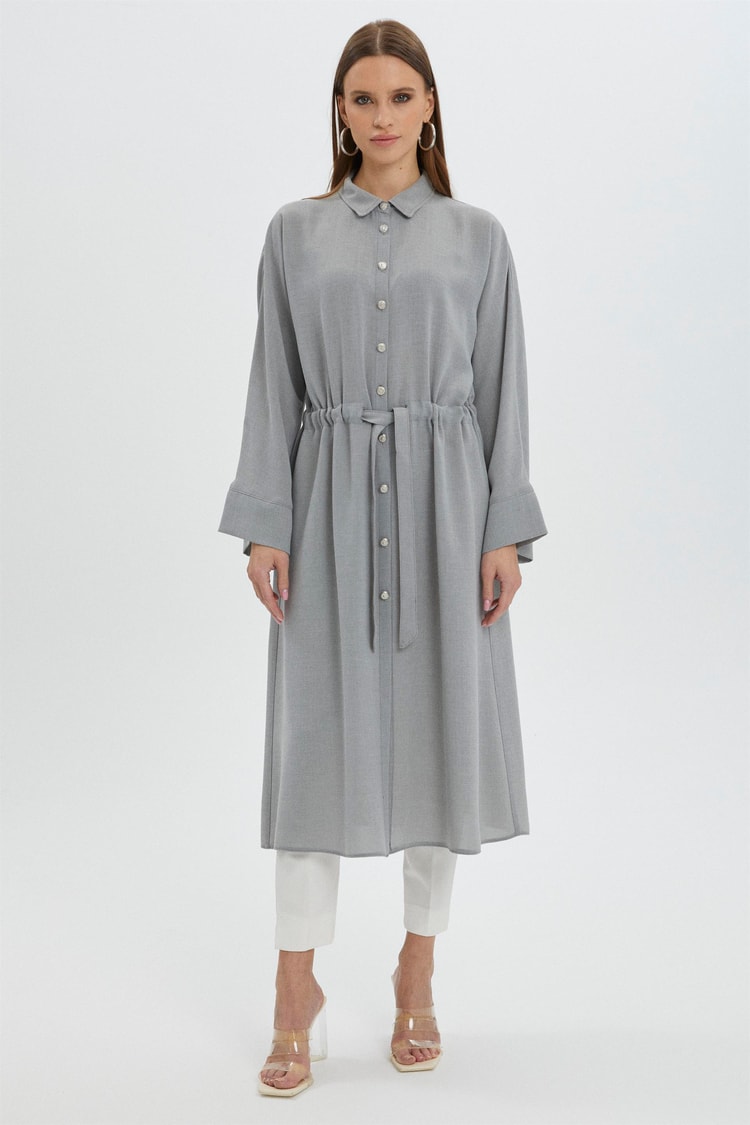 Gömlek Yaka Beli Bağlamalı Uzun Gri Tunik T-1354