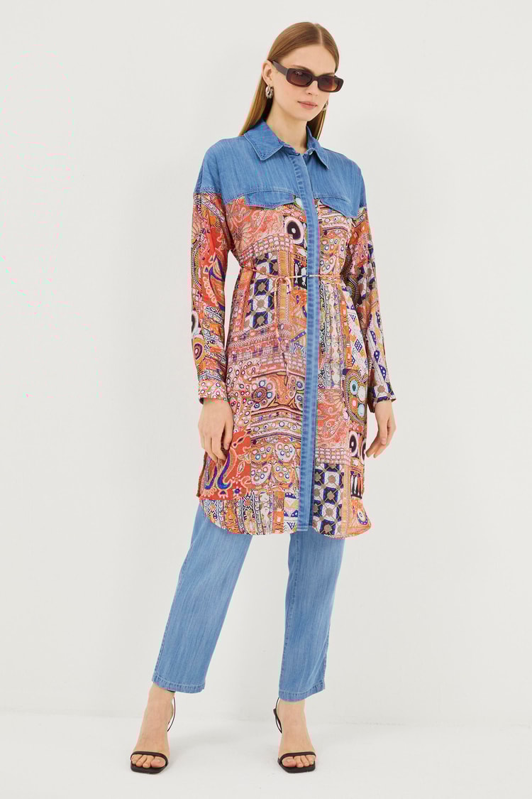 Patterned Shirt Collar Long Tunic T-1441