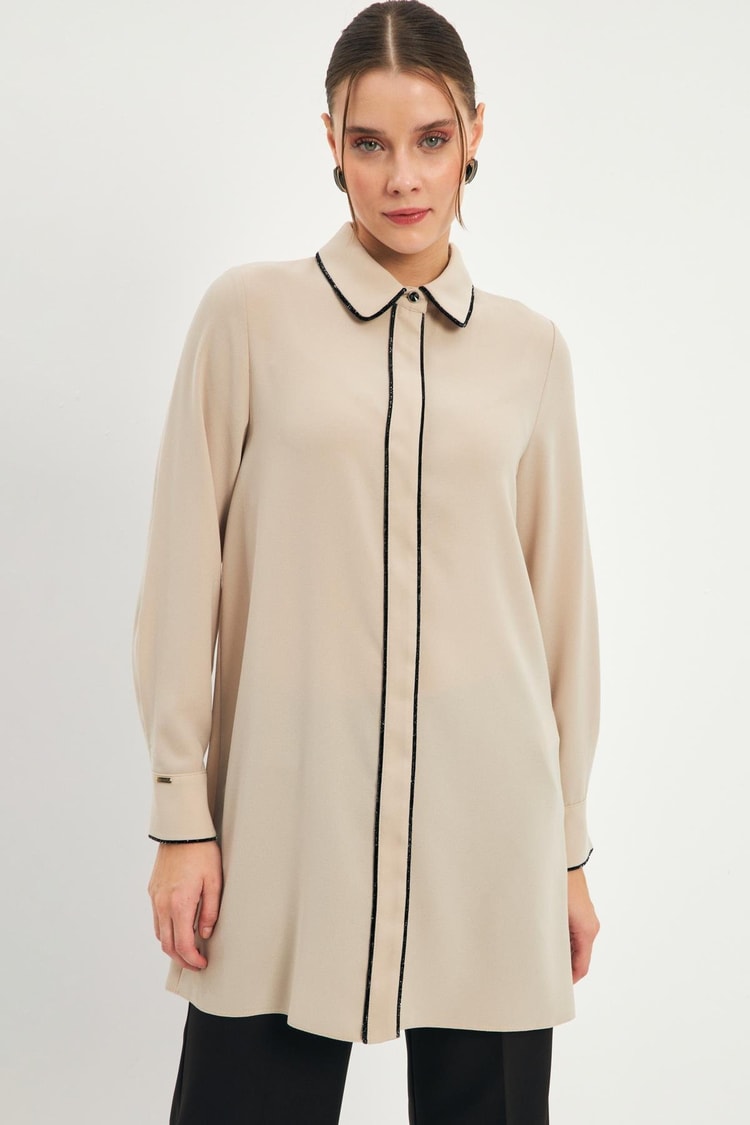Şerit Detaylı Bej Tunik T-1498