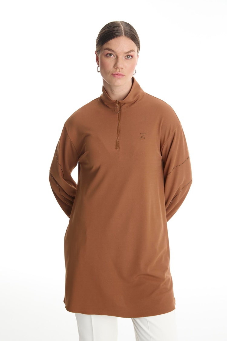 Taş İşlemeli Fermuar Yaka Camel Tunik T-1494