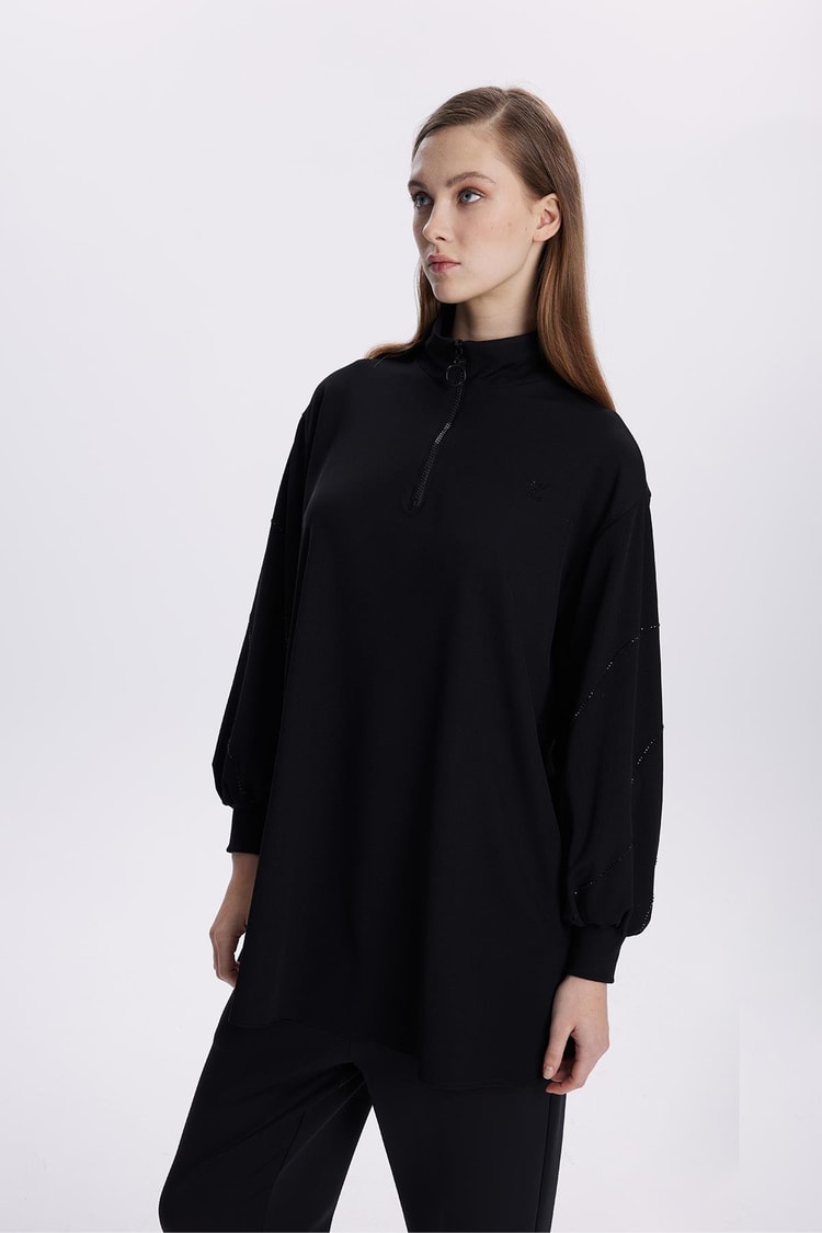 Taş İşlemeli Fermuar Yaka Siyah Tunik T-1494