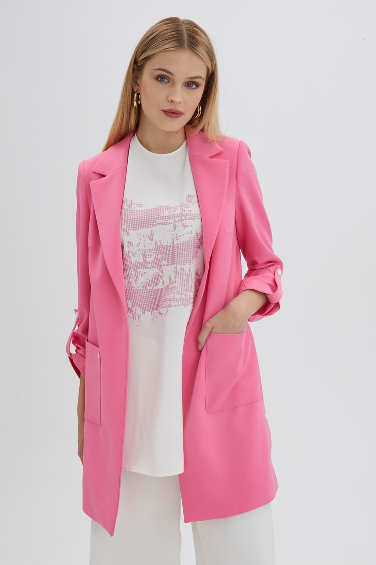 Kol Detaylı Ceket Bluz Pembe İkili Takım TK-1138