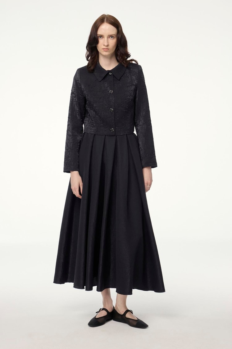 Black Textured Jacket and Skirt Two-Piece Set TK-1656