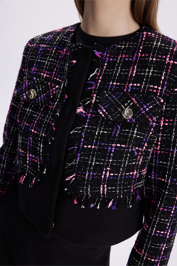 Tweed Desenli Düğme Detaylı Fuşya İkili Takım TK-1397