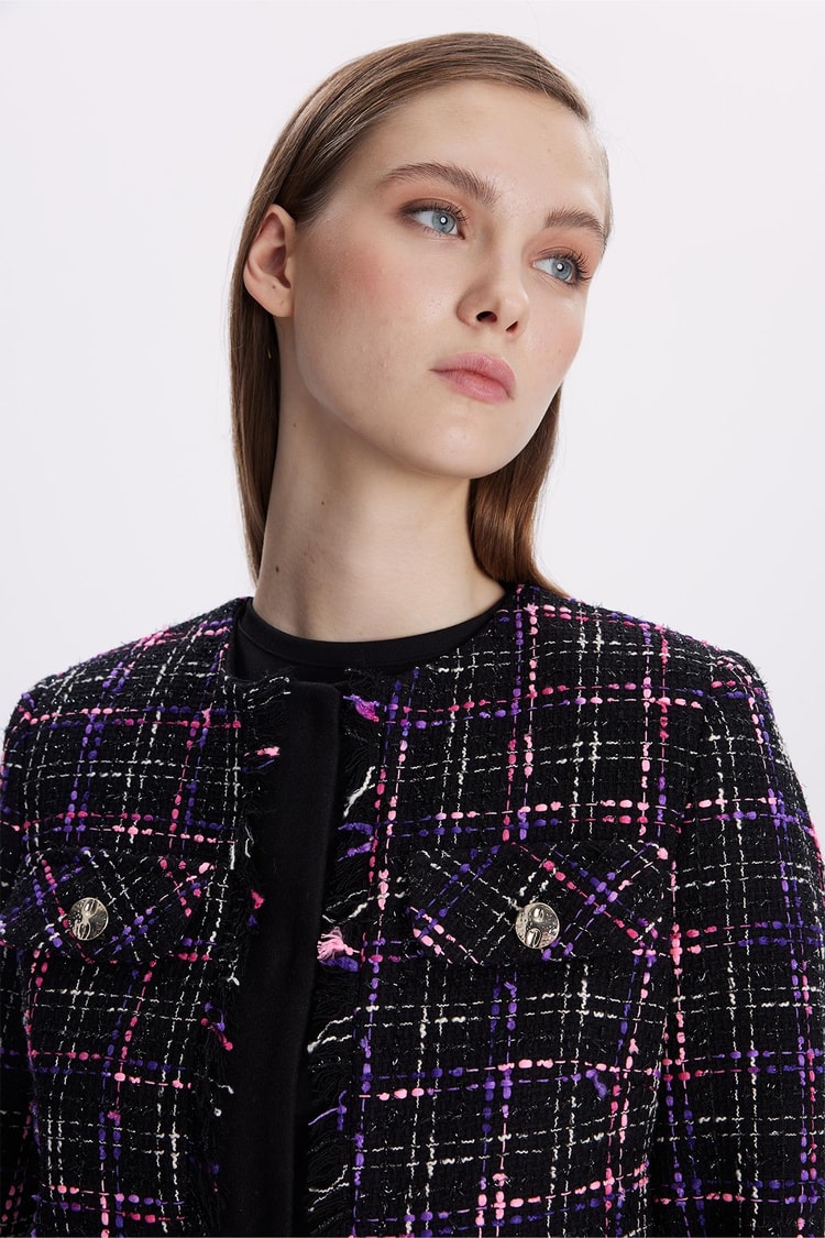 Tweed Desenli Düğme Detaylı Fuşya İkili Takım TK-1397