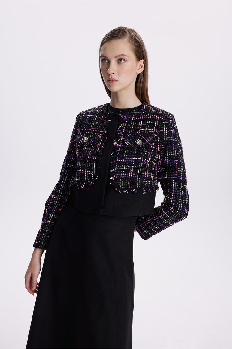 Tweed Desenli Düğme Detaylı Fuşya İkili Takım TK-1397