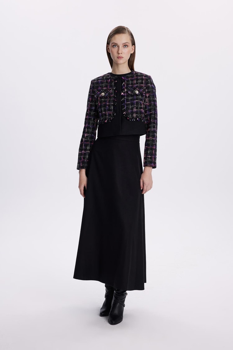 Tweed Desenli Düğme Detaylı Fuşya İkili Takım TK-1397