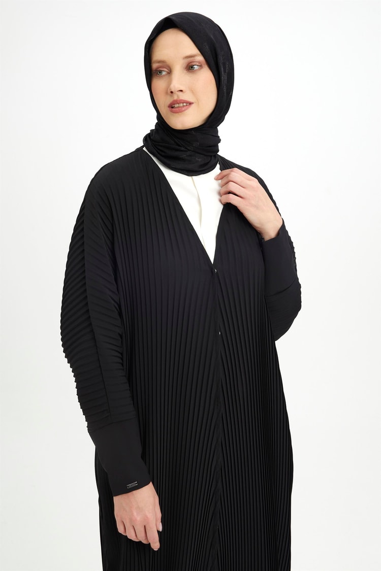 V Yaka Gizli Düğmeli Siyah Ferace F-0063