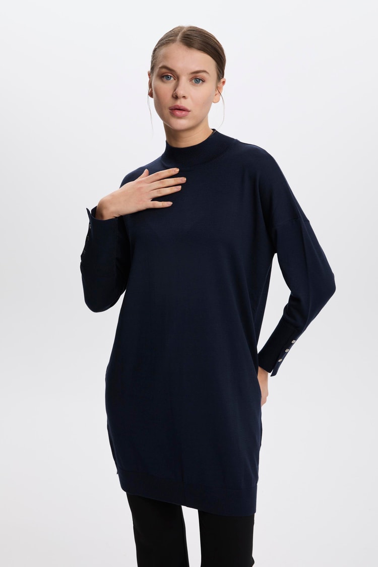 Yarım Balıkçı Yaka Lacivert Triko Tunik T-1523