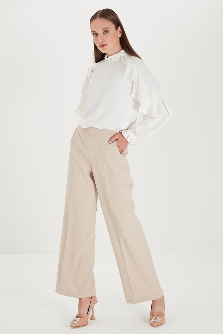 ZÜHRE Bel Lastik Detaylı Bol Paça Bej Pantolon P-0102