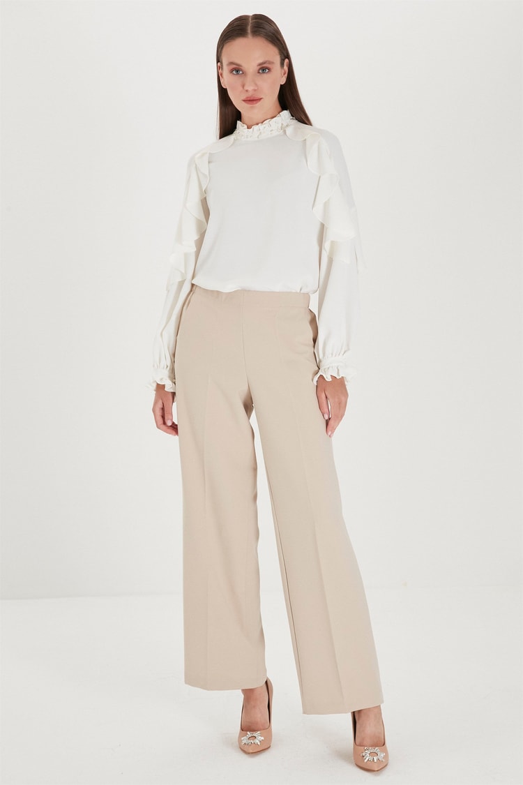 ZÜHRE Bel Lastik Detaylı Bol Paça Bej Pantolon P-0102
