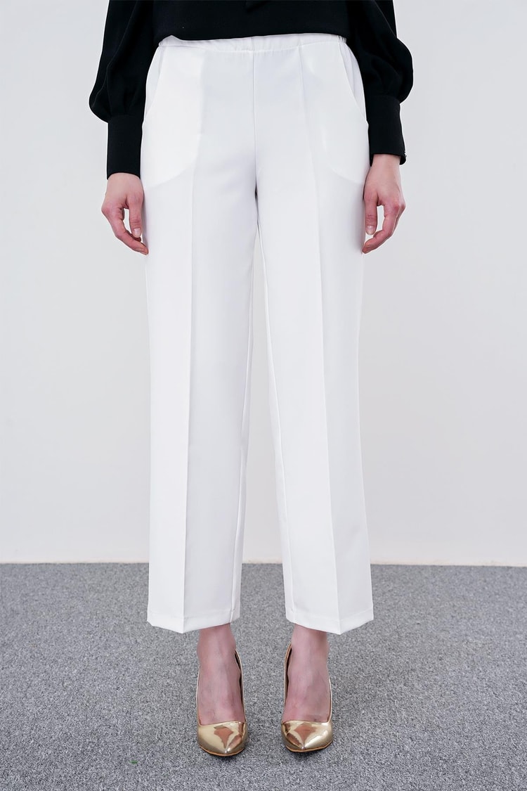 ZÜHRE Bel Lastik Detaylı Bol Paça Ekru Kumaş Pantolon P-0102