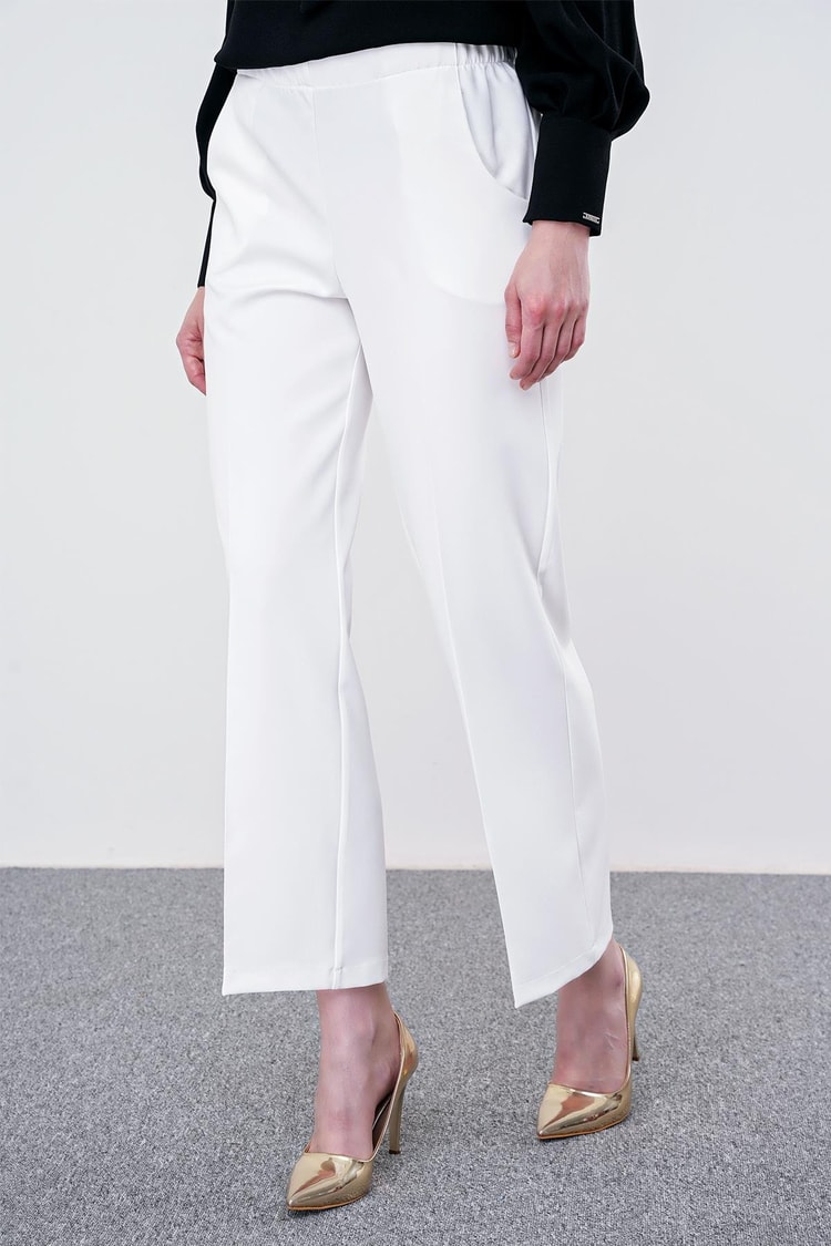 ZÜHRE Bel Lastik Detaylı Bol Paça Ekru Kumaş Pantolon P-0102