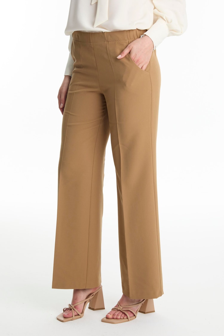ZÜHRE Bel Lastik Detaylı Bol Paça Vizon Kumaş Pantolon P-0102