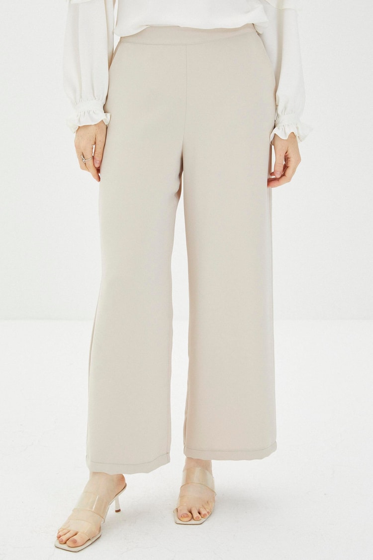 ZÜHRE Bol Paça Bej Kumaş Pantolon P-0013