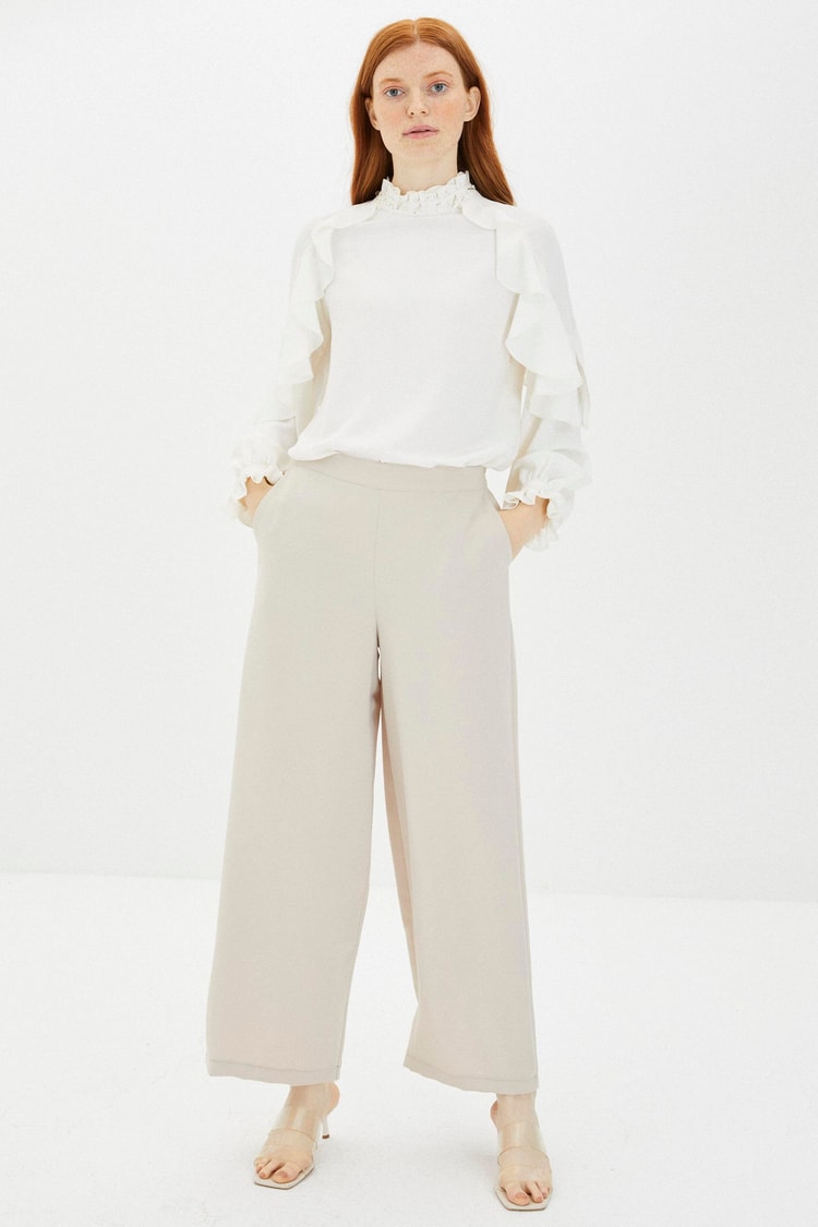 ZÜHRE Bol Paça Bej Kumaş Pantolon P-0013