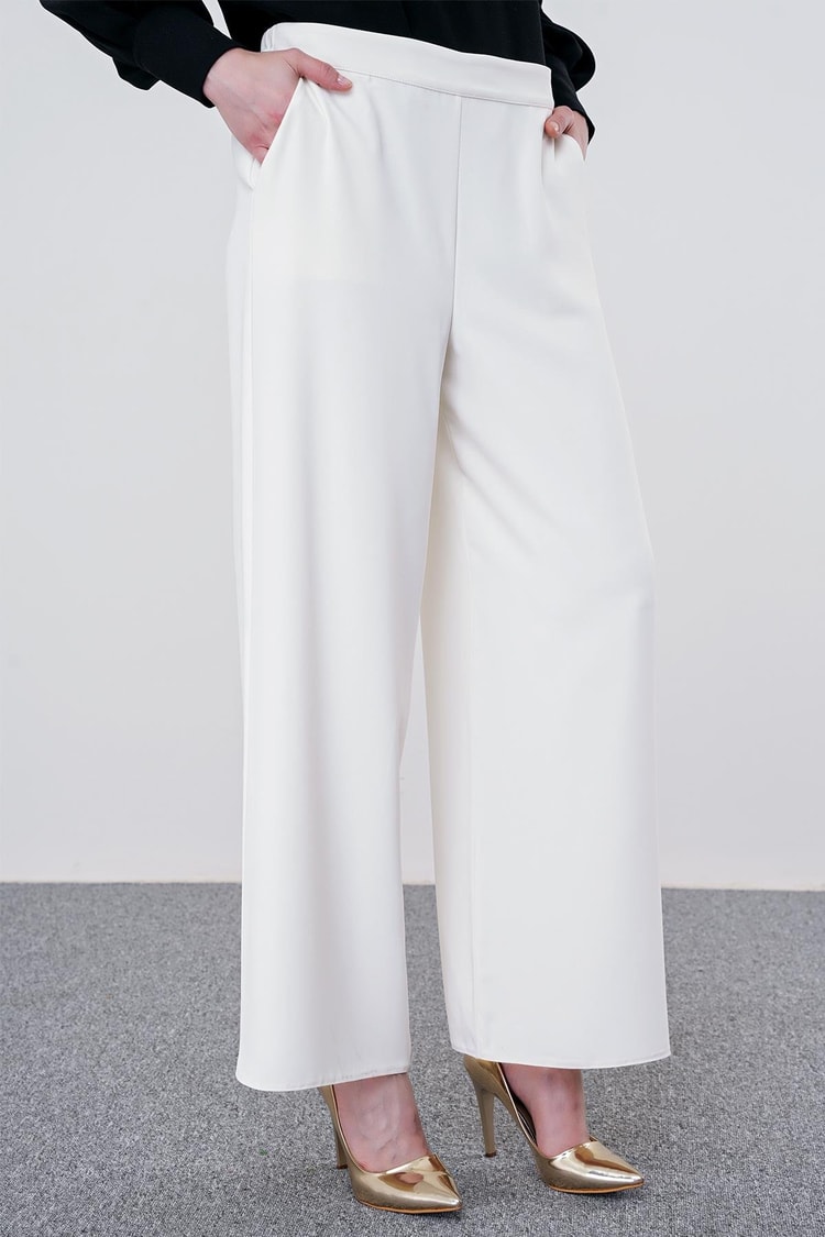 ZÜHRE Bol Paça Ekru Kumaş Pantolon P-0013