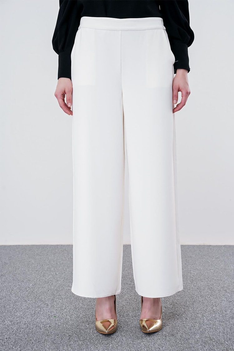 ZÜHRE Bol Paça Ekru Kumaş Pantolon P-0013