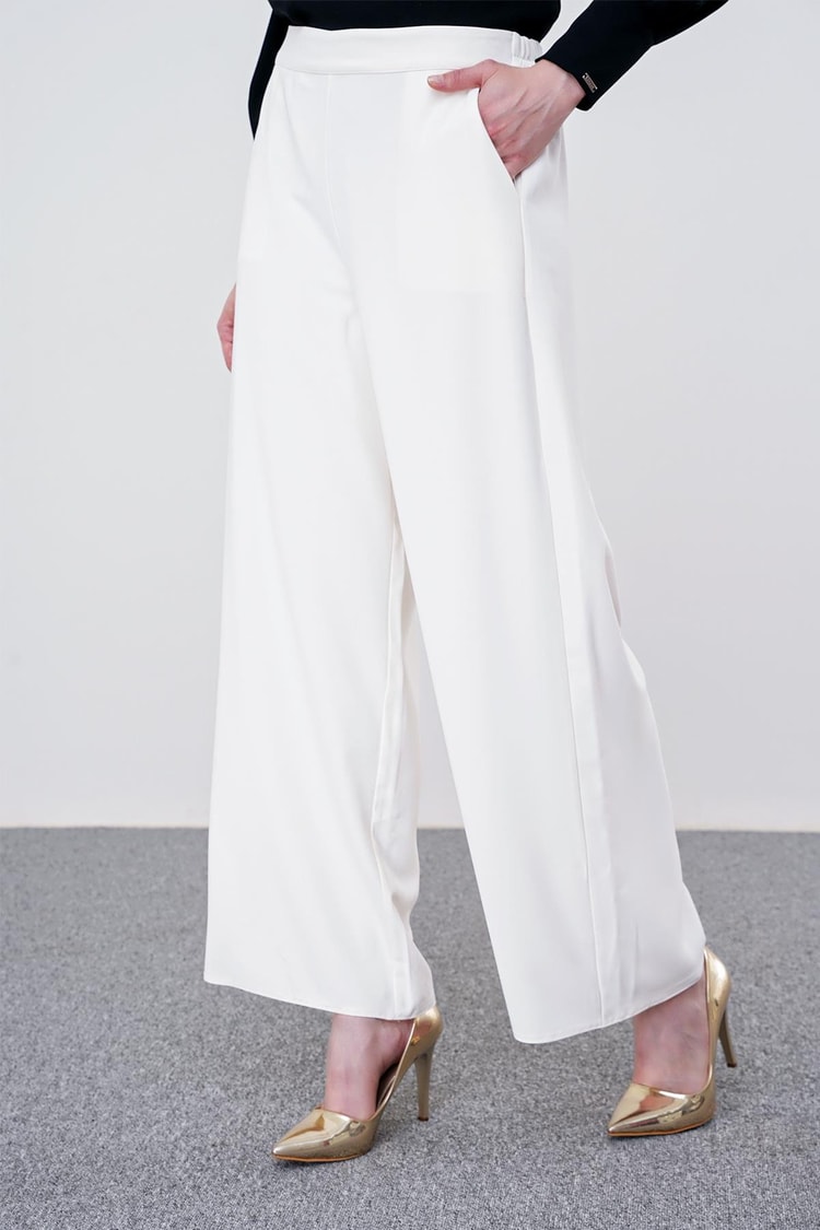 ZÜHRE Bol Paça Ekru Kumaş Pantolon P-0013