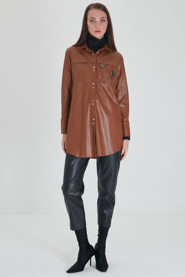 ZÜHRE Cep Detaylı Deri Camel Tunik T-1262